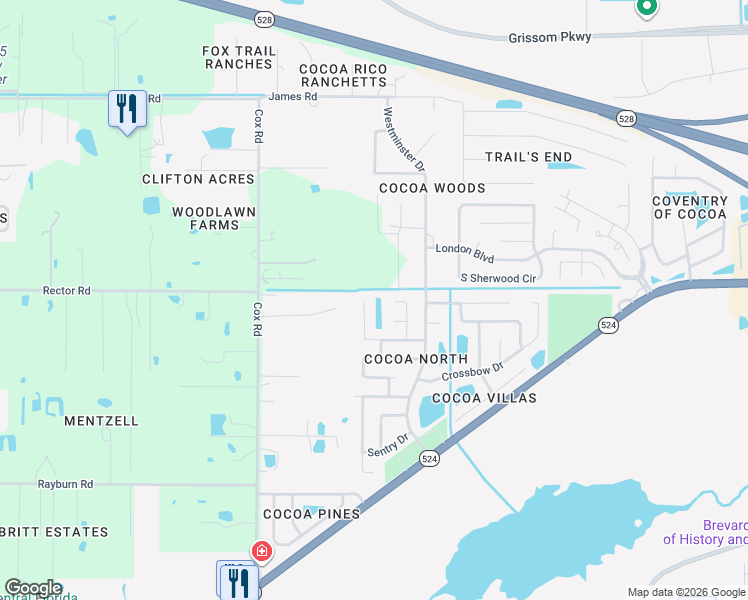 map of restaurants, bars, coffee shops, grocery stores, and more near 2250 Archer Court in Cocoa