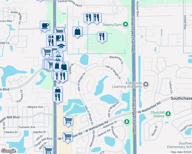 map of restaurants, bars, coffee shops, grocery stores, and more near 11656 Goodwyck Drive in Orlando