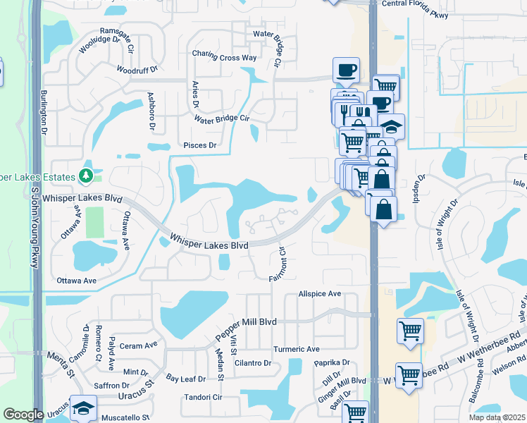 map of restaurants, bars, coffee shops, grocery stores, and more near 11721 Windbourne Court in Orlando