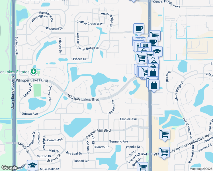 map of restaurants, bars, coffee shops, grocery stores, and more near 11721 Windbourne Court in Orlando