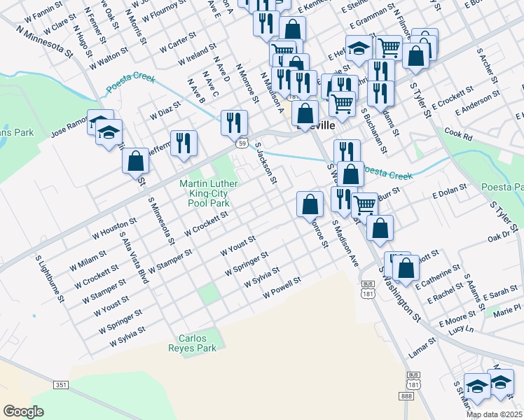 map of restaurants, bars, coffee shops, grocery stores, and more near 406 South Ballard Street in Beeville