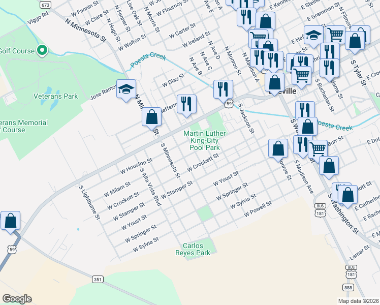 map of restaurants, bars, coffee shops, grocery stores, and more near 205 South Minneapolis Street in Beeville