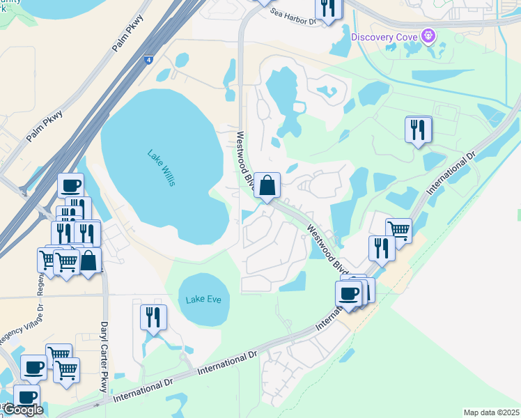 map of restaurants, bars, coffee shops, grocery stores, and more near 11490 Westwood Boulevard in Orlando