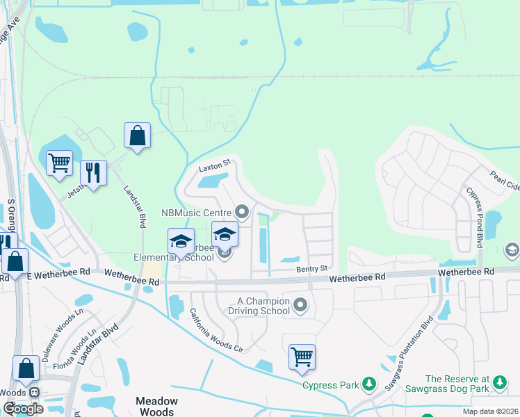map of restaurants, bars, coffee shops, grocery stores, and more near 10918 Laxton Street in Orlando