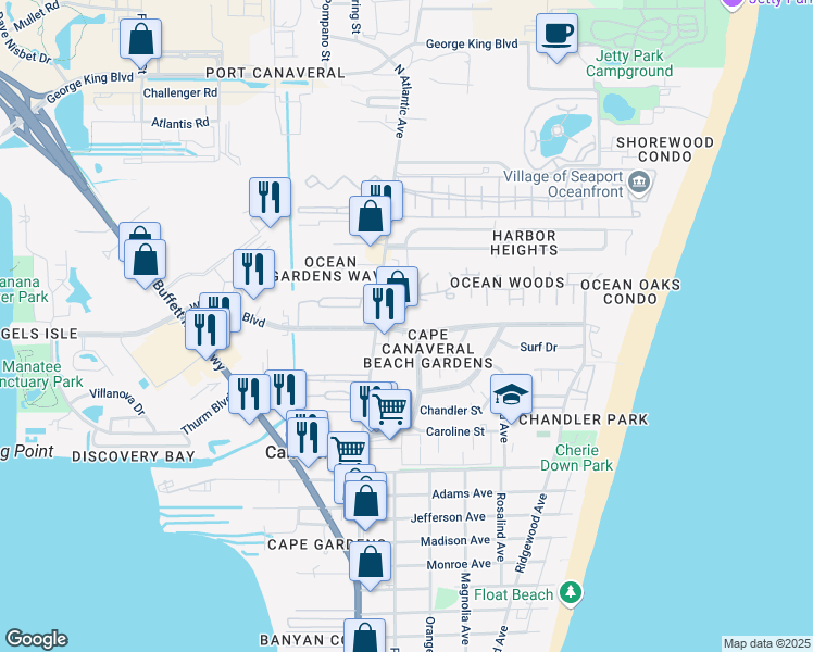 map of restaurants, bars, coffee shops, grocery stores, and more near 100 East Central Boulevard in Cape Canaveral