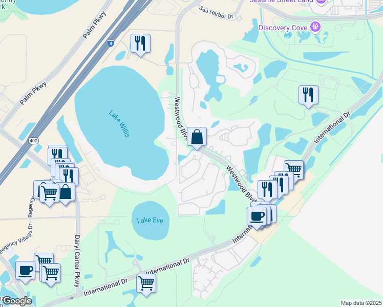 map of restaurants, bars, coffee shops, grocery stores, and more near 11490 Westwood Boulevard in Orlando