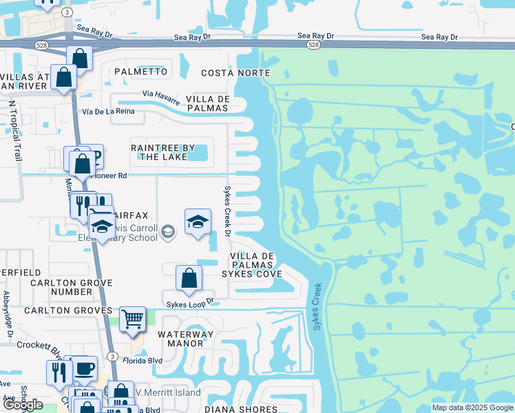map of restaurants, bars, coffee shops, grocery stores, and more near 260 Madrid Ct in Merritt Island