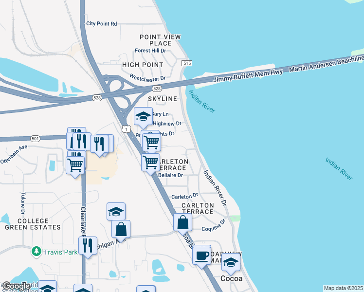 map of restaurants, bars, coffee shops, grocery stores, and more near 35 Grandview Boulevard in Cocoa