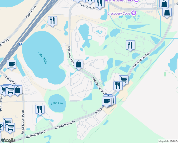 map of restaurants, bars, coffee shops, grocery stores, and more near 11449 Solaya Way in Orlando