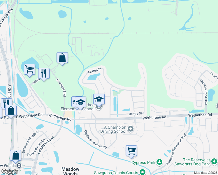 map of restaurants, bars, coffee shops, grocery stores, and more near 11707 Nimbus Lane in Orlando