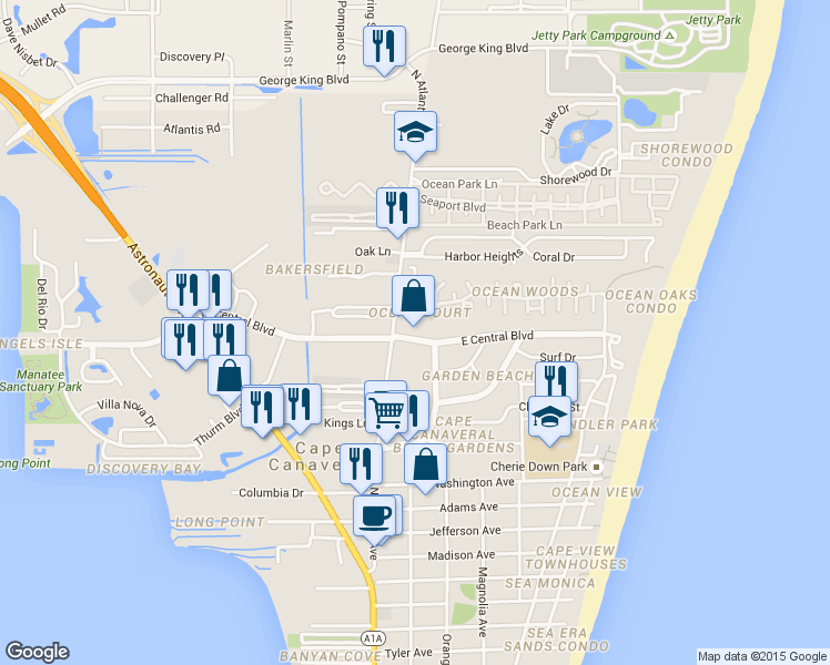 map of restaurants, bars, coffee shops, grocery stores, and more near 100 East Central Boulevard in Cape Canaveral