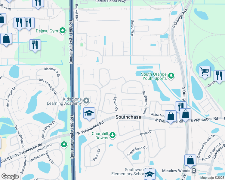 map of restaurants, bars, coffee shops, grocery stores, and more near 11637 Ashridge Place in Orlando