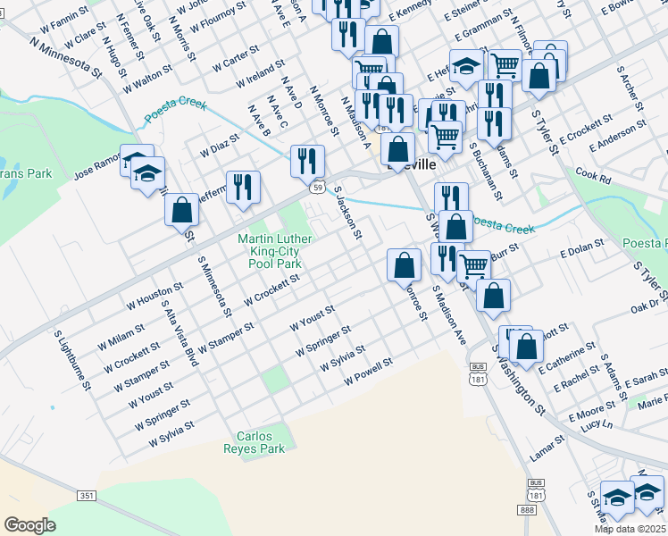 map of restaurants, bars, coffee shops, grocery stores, and more near 406 South Ballard Street in Beeville