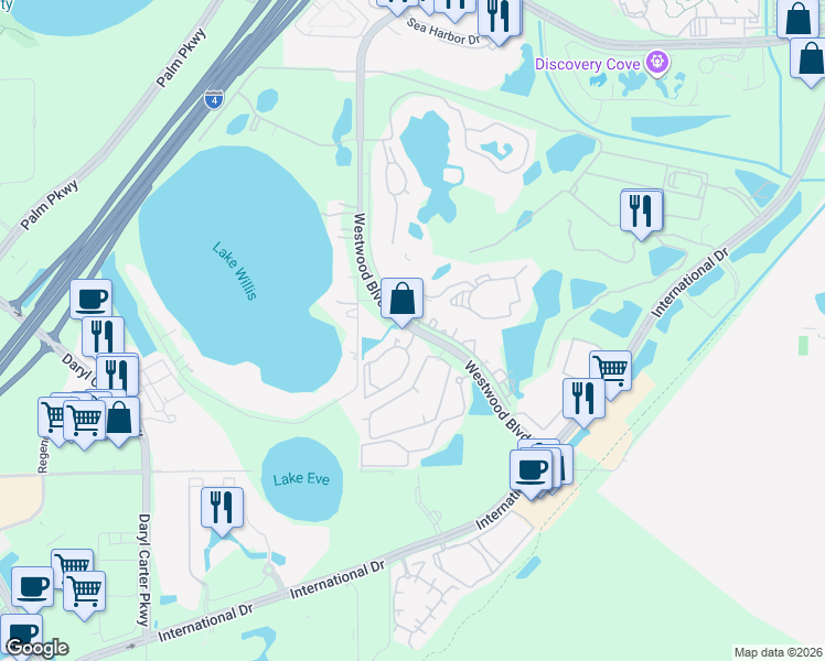 map of restaurants, bars, coffee shops, grocery stores, and more near 11550 Westwood Boulevard in Orlando