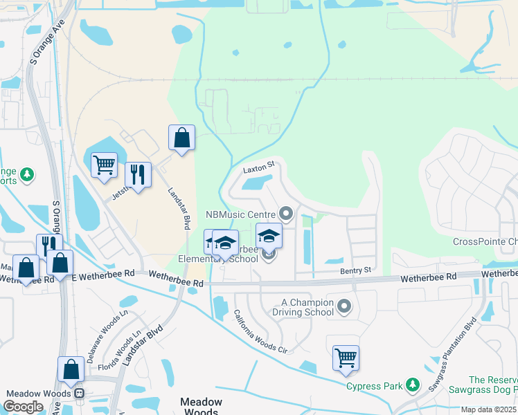 map of restaurants, bars, coffee shops, grocery stores, and more near 10269 Laxton Street in Orlando