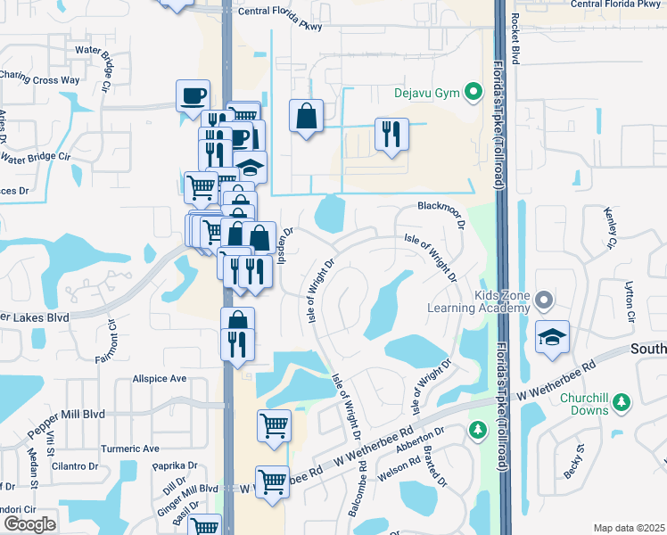 map of restaurants, bars, coffee shops, grocery stores, and more near 2045 Tiptree Circle in Orlando