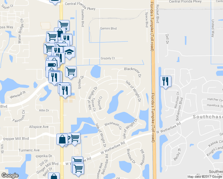 map of restaurants, bars, coffee shops, grocery stores, and more near 11656 Goodwyck Drive in Orlando