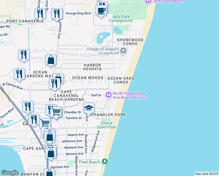map of restaurants, bars, coffee shops, grocery stores, and more near 8600 Ridgewood Avenue in Cape Canaveral