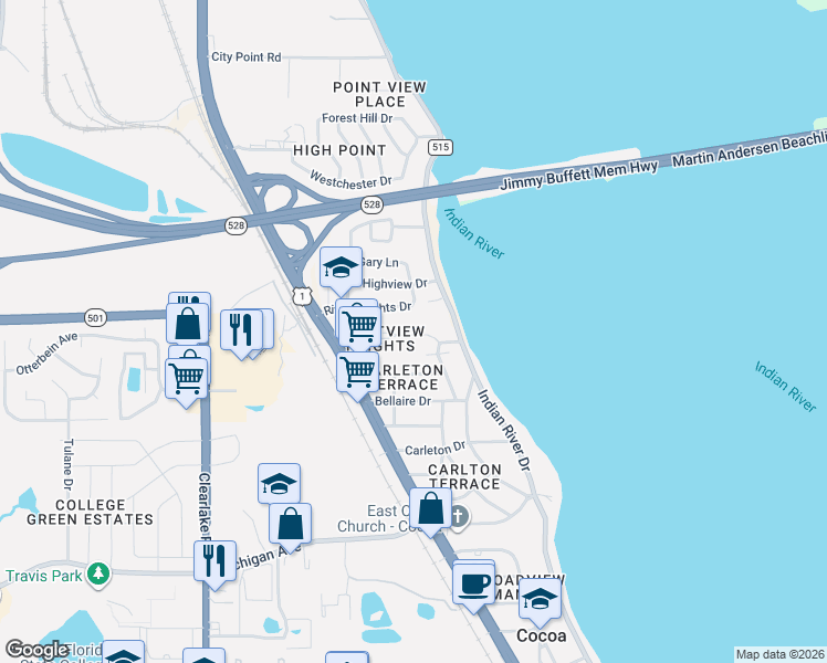 map of restaurants, bars, coffee shops, grocery stores, and more near 32 Grandview Boulevard in Cocoa