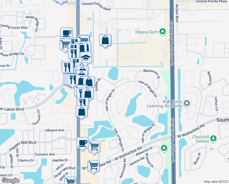 map of restaurants, bars, coffee shops, grocery stores, and more near 2045 Tiptree Circle in Orlando