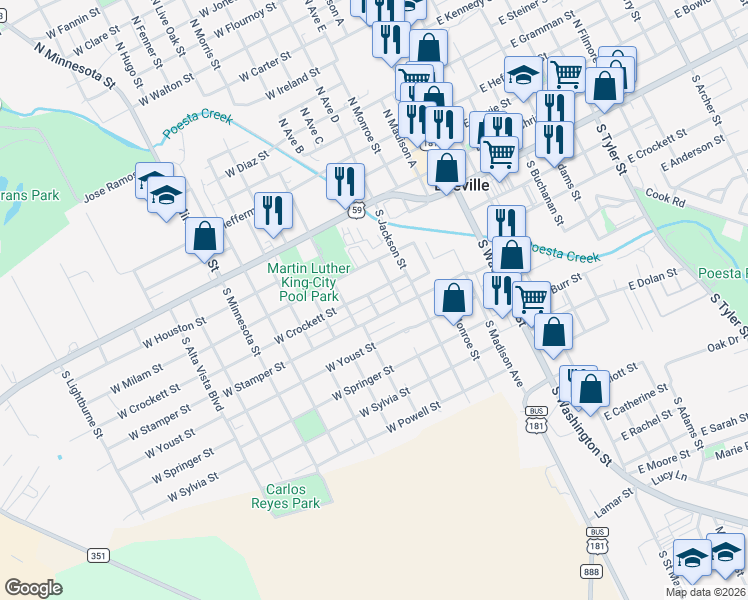 map of restaurants, bars, coffee shops, grocery stores, and more near 406 South Ballard Street in Beeville