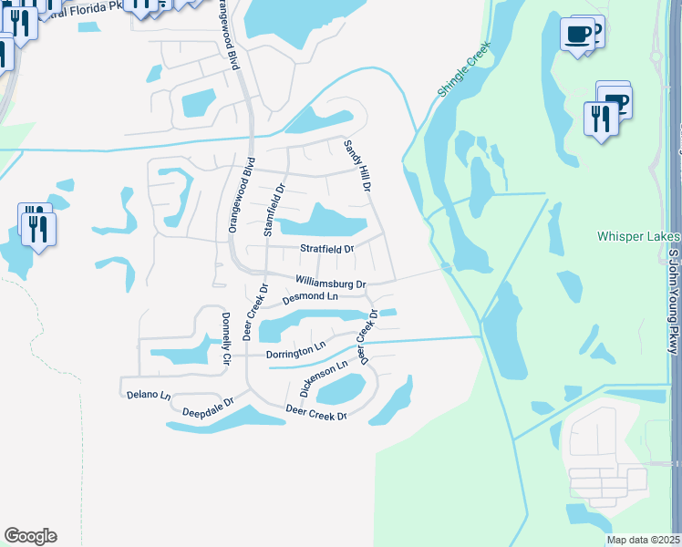 map of restaurants, bars, coffee shops, grocery stores, and more near 11829 Sophia Lane in Orlando