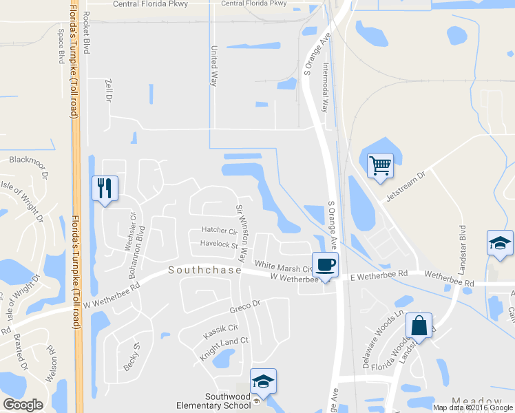 map of restaurants, bars, coffee shops, grocery stores, and more near 105 Seabearn Court in Orlando
