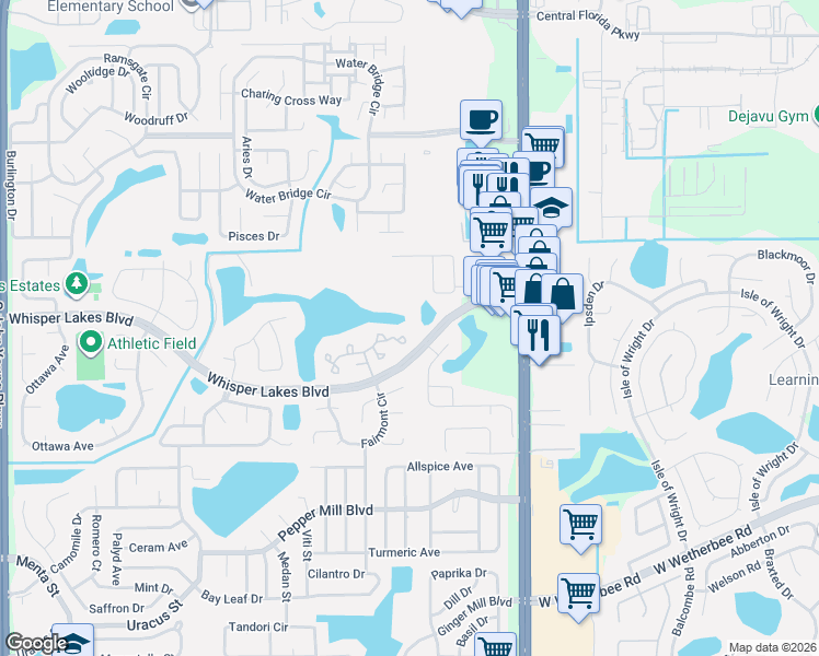 map of restaurants, bars, coffee shops, grocery stores, and more near 2049 Waterleaf Street in Orlando