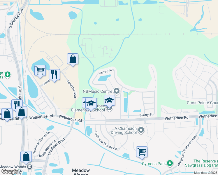 map of restaurants, bars, coffee shops, grocery stores, and more near 10269 Laxton Street in Orlando