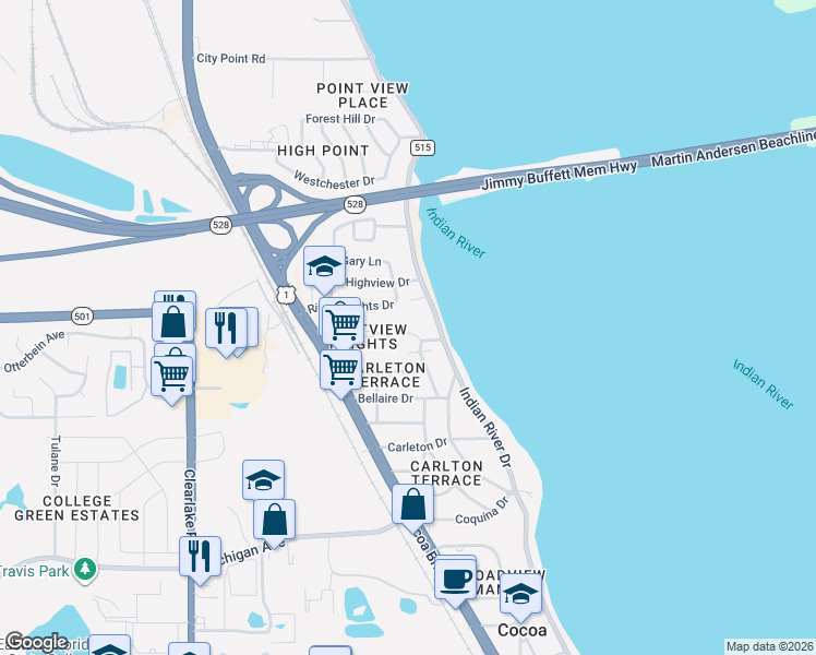map of restaurants, bars, coffee shops, grocery stores, and more near 32 Grandview Boulevard in Cocoa