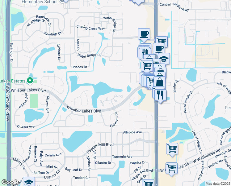 map of restaurants, bars, coffee shops, grocery stores, and more near 2049 Waterleaf Street in Orlando