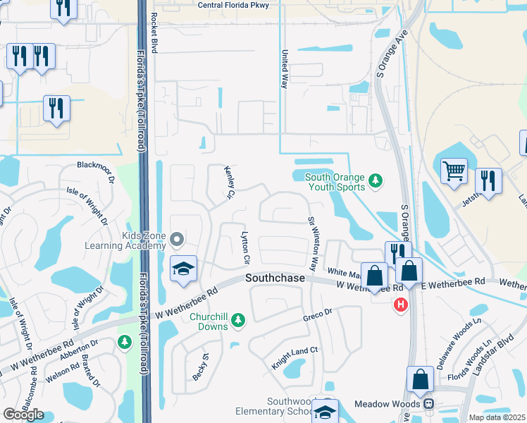 map of restaurants, bars, coffee shops, grocery stores, and more near 11706 Sir Winston Way in Orlando