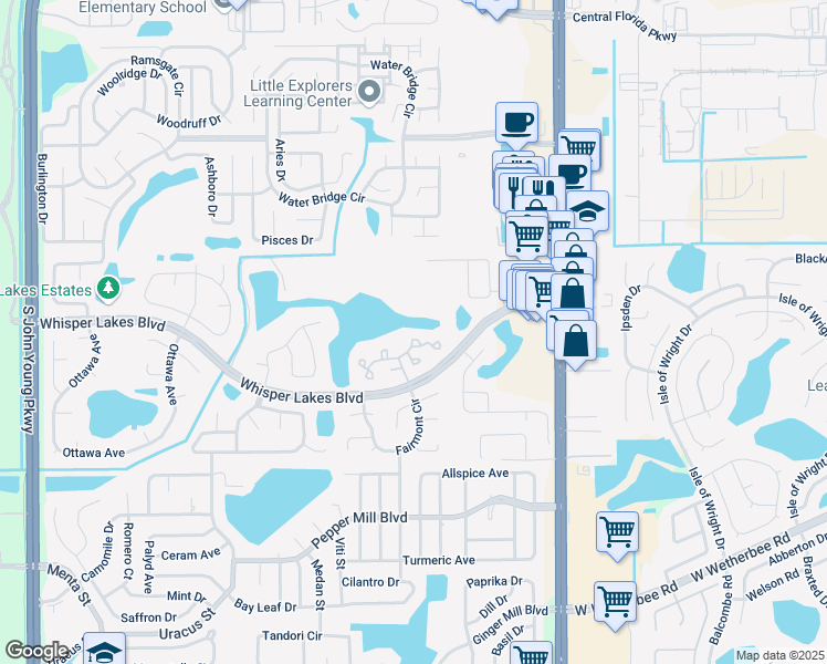 map of restaurants, bars, coffee shops, grocery stores, and more near 11721 Windbourne Court in Orlando