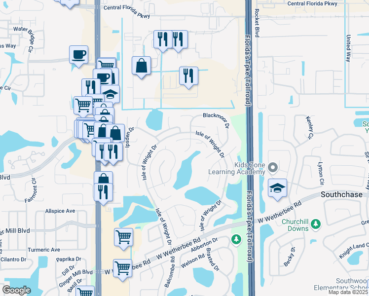 map of restaurants, bars, coffee shops, grocery stores, and more near 11656 Goodwyck Drive in Orlando