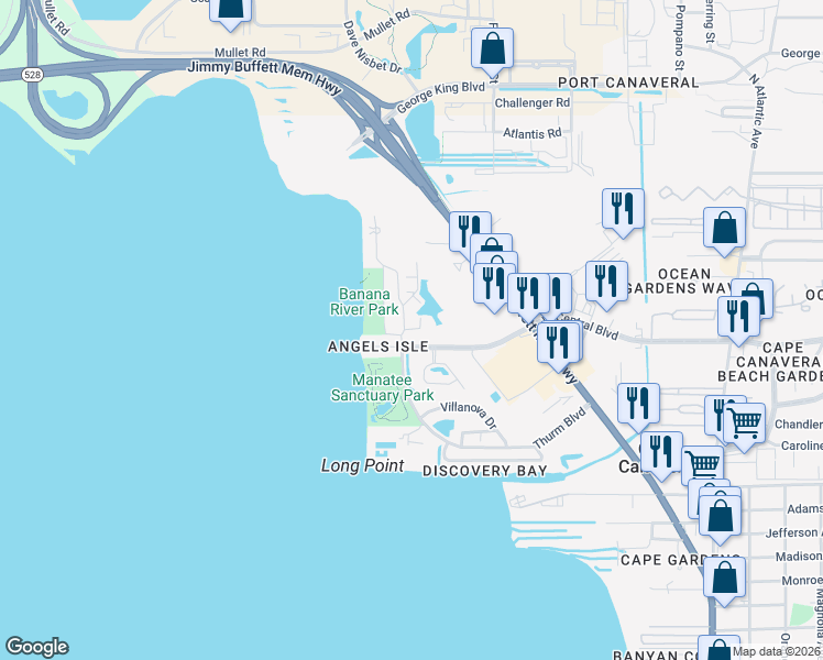 map of restaurants, bars, coffee shops, grocery stores, and more near 768 Lago Drive in Cape Canaveral