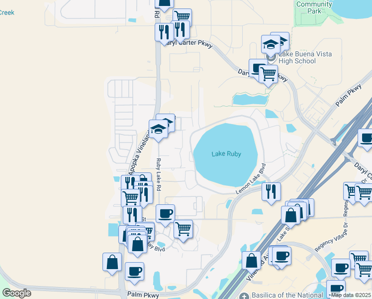 map of restaurants, bars, coffee shops, grocery stores, and more near 11635 Pine Street in Orlando
