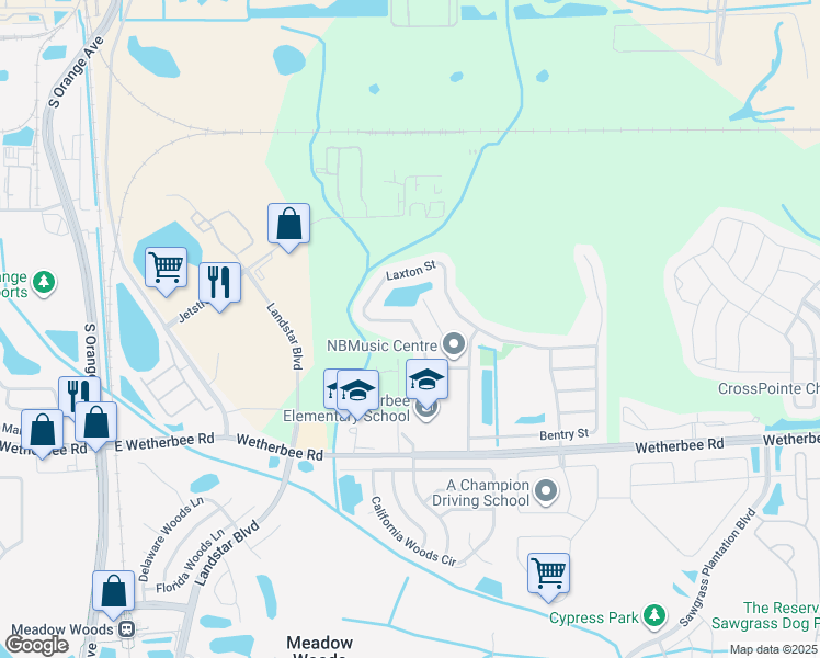 map of restaurants, bars, coffee shops, grocery stores, and more near 10275 Laxton Street in Orlando