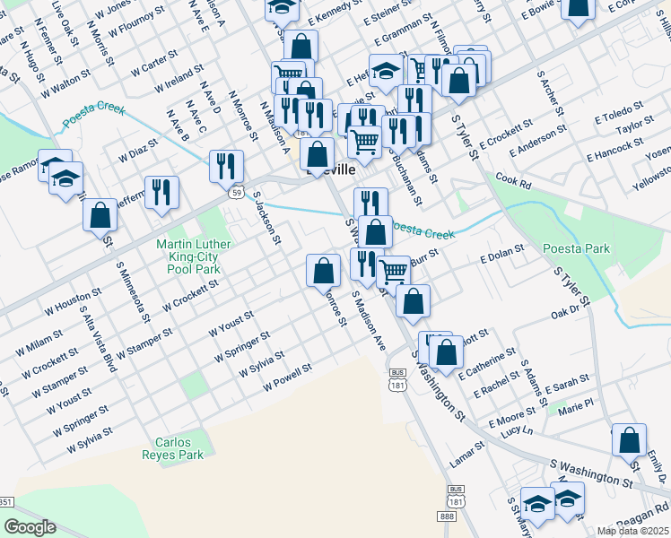 map of restaurants, bars, coffee shops, grocery stores, and more near 510 South Madison Avenue in Beeville