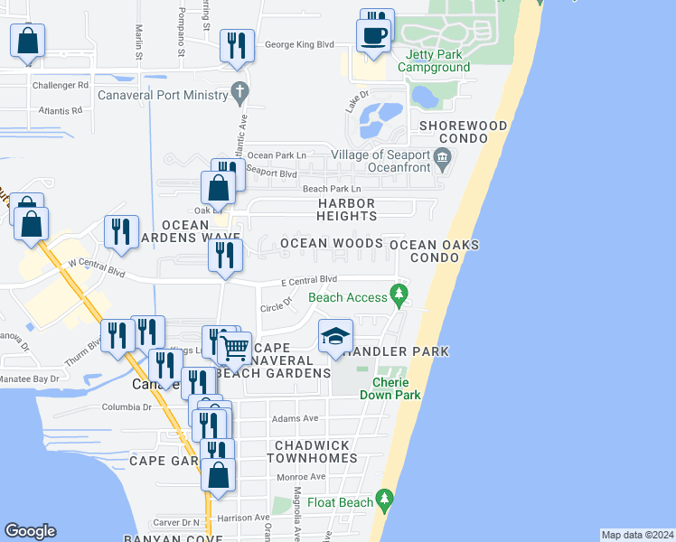 map of restaurants, bars, coffee shops, grocery stores, and more near 302 East Central Boulevard in Cape Canaveral