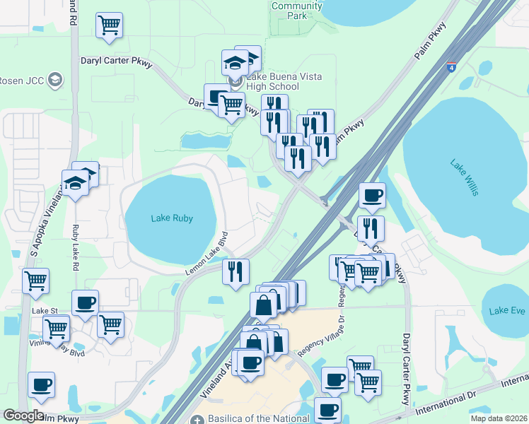 map of restaurants, bars, coffee shops, grocery stores, and more near 7760 Sweet Star Avenue in Orlando