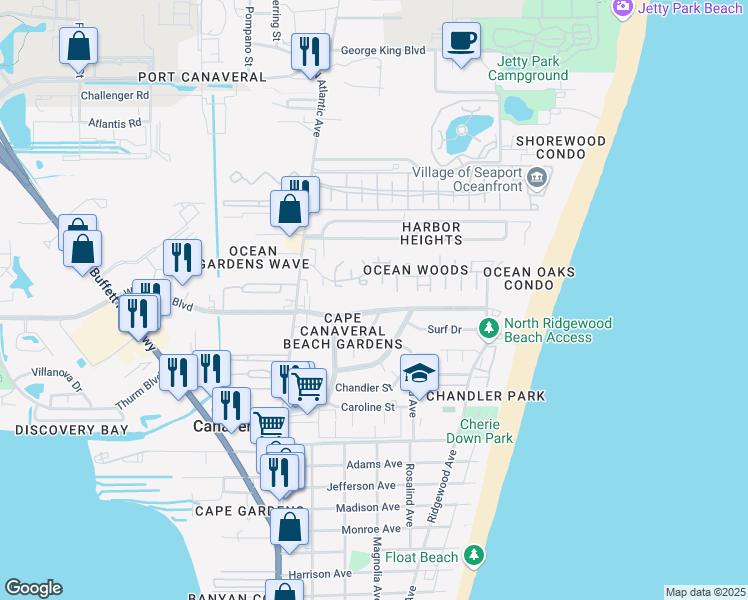 map of restaurants, bars, coffee shops, grocery stores, and more near 250 East Central Boulevard in Cape Canaveral