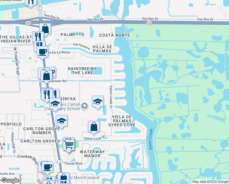 map of restaurants, bars, coffee shops, grocery stores, and more near 200 Madrid Court in Merritt Island