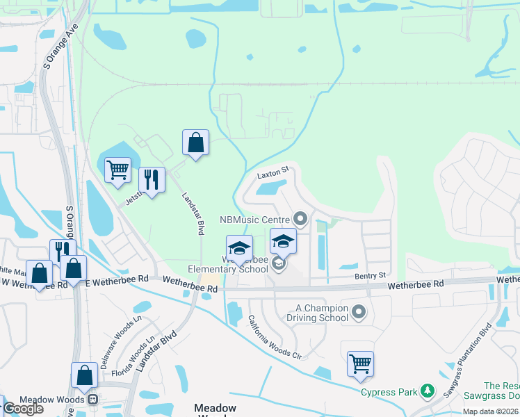 map of restaurants, bars, coffee shops, grocery stores, and more near 10269 Laxton Street in Orlando