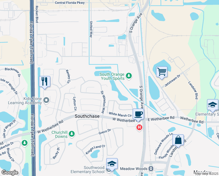 map of restaurants, bars, coffee shops, grocery stores, and more near 105 Seabearn Court in Orlando