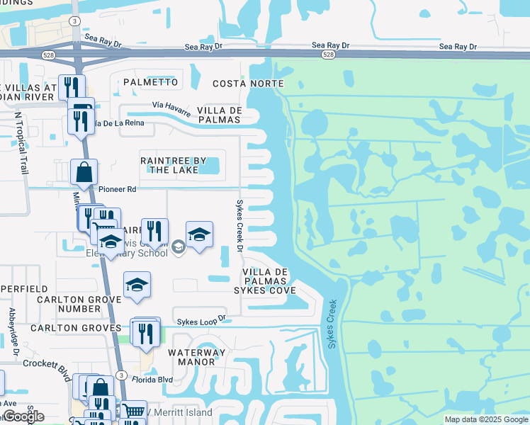 map of restaurants, bars, coffee shops, grocery stores, and more near 260 Madrid Court in Merritt Island