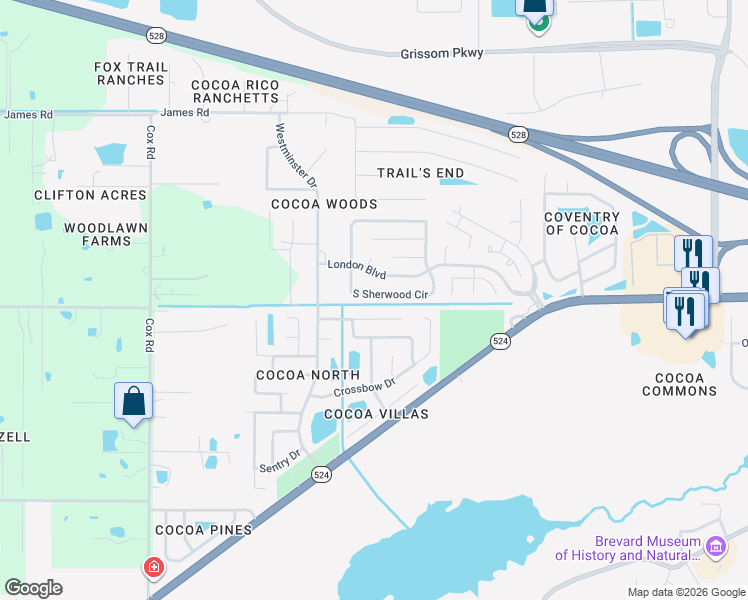 map of restaurants, bars, coffee shops, grocery stores, and more near 3741 South Sherwood Circle in Cocoa