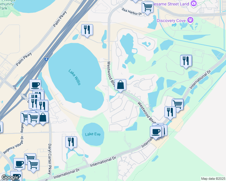 map of restaurants, bars, coffee shops, grocery stores, and more near 11490 Westwood Boulevard in Orlando