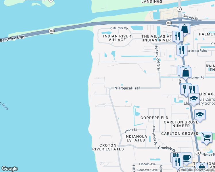 map of restaurants, bars, coffee shops, grocery stores, and more near 2195 North Tropical Trail in Merritt Island