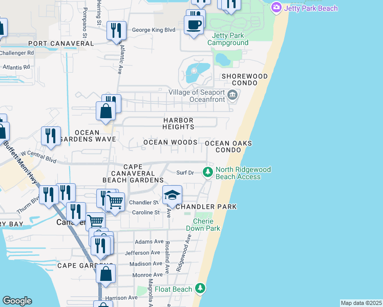 map of restaurants, bars, coffee shops, grocery stores, and more near 8701 Jasmine Court in Cape Canaveral