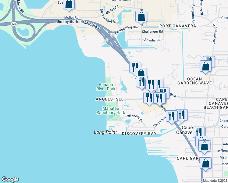 map of restaurants, bars, coffee shops, grocery stores, and more near 768 Lago Drive in Cape Canaveral